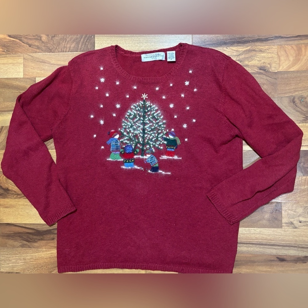 Marisa Christina Christmas Sweater M Kids Tree Embroidered Snowflakes Vintage